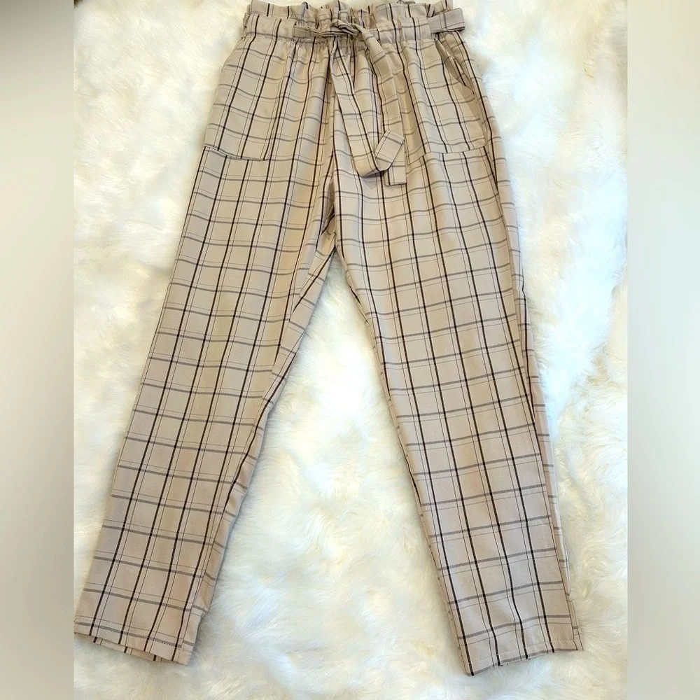 Belted frill high waist plaid pants